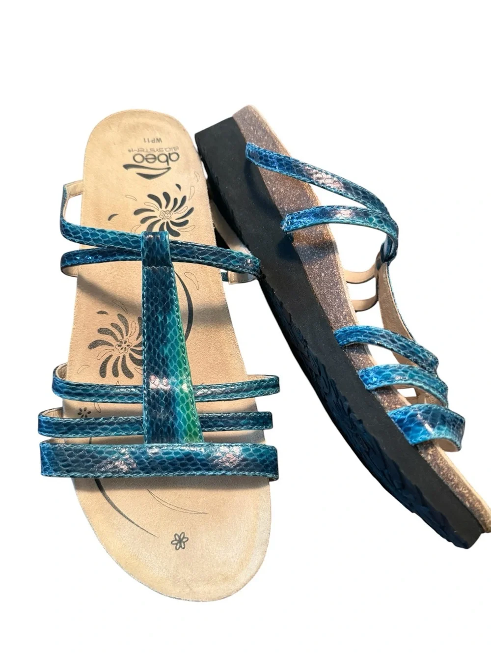 ABEO BioSystem Blue Metallic Snakeskin T Strap Comfort Sandals Women’s 11WP wide